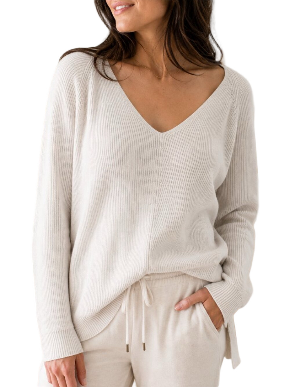 Athleta Cream Ivory Merino Wool V-Neck Rib Knit Sweater Large